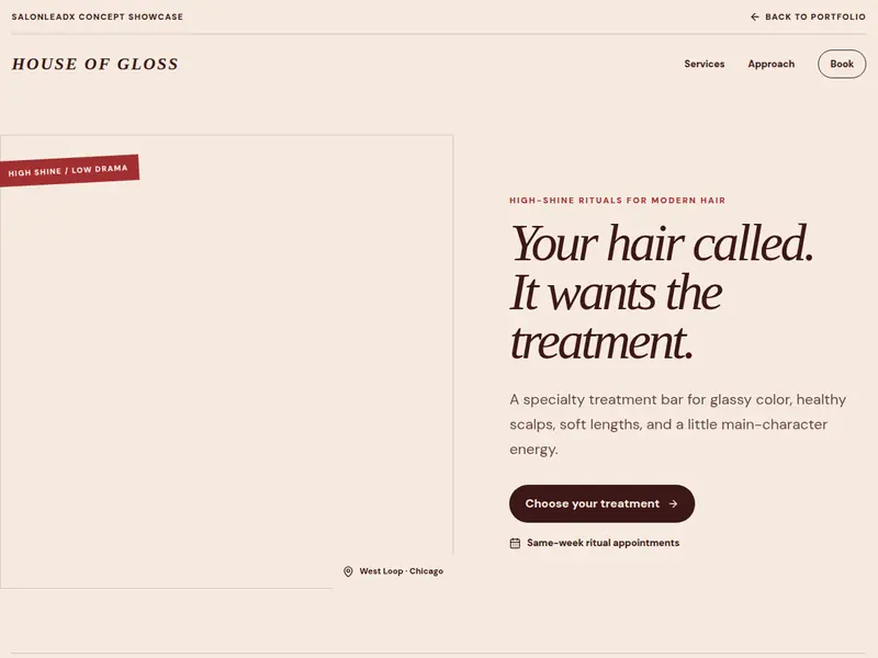 House of Gloss treatment studio website homepage