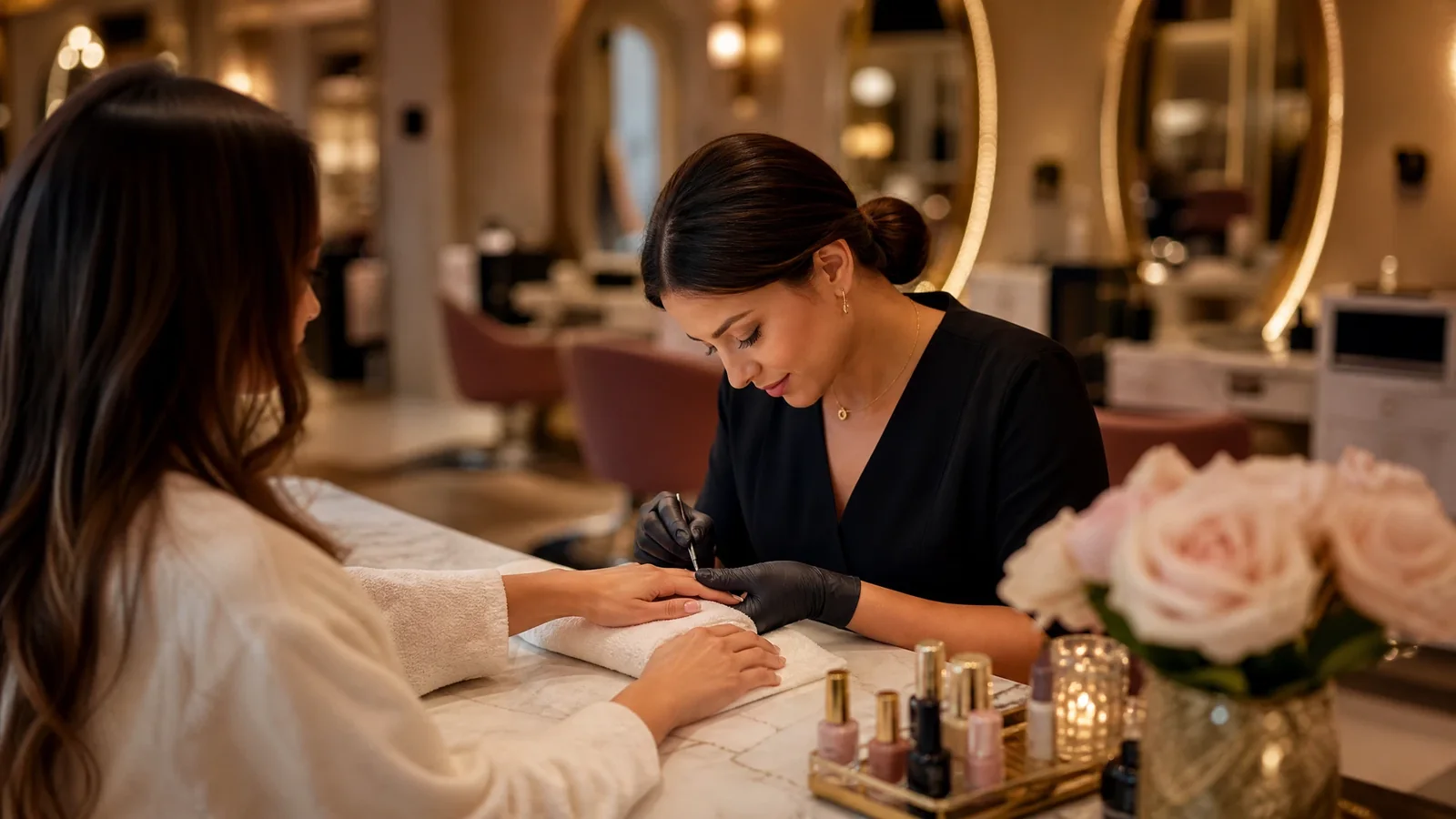 A nail technician caring for a client inside a polished salon
