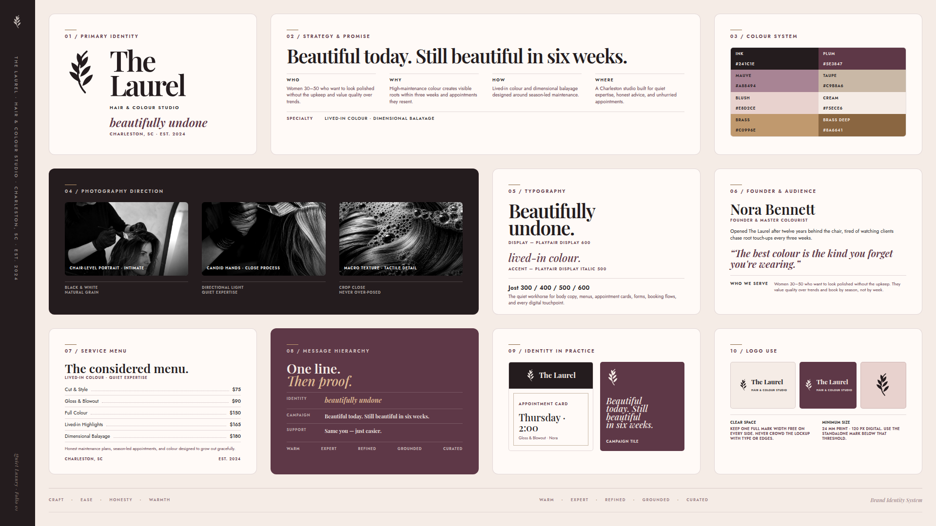 The Laurel — complete brand identity system showing logo, colour palette, typography, photography direction, service menu, and messaging hierarchy