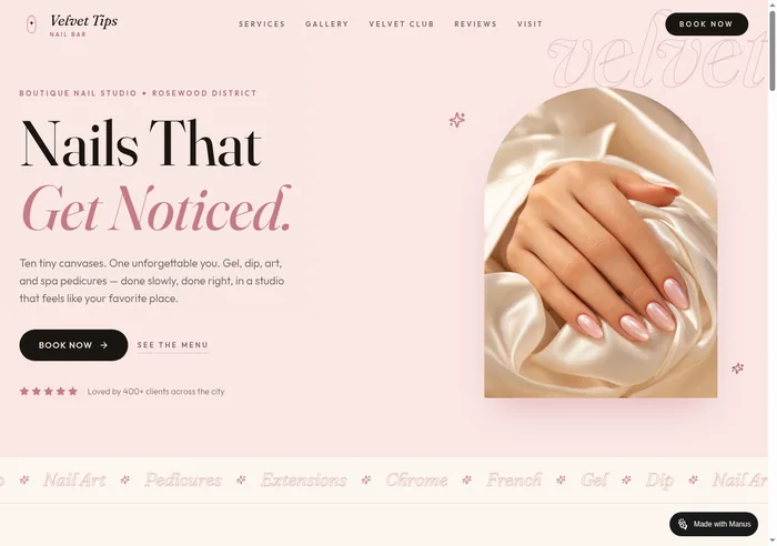 Velvet Tips Nail Bar website homepage