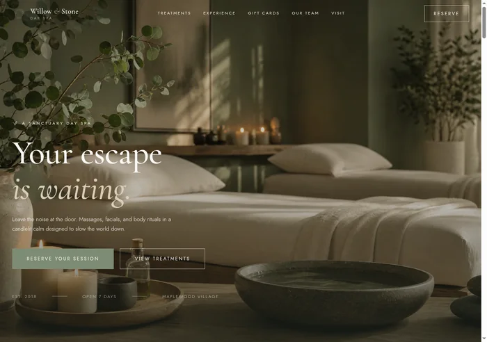 Willow and Stone Day Spa website homepage